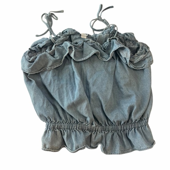 American Eagle Outfitters Tops - American Eagle Ruffled Bubble Crop Denim Blouse